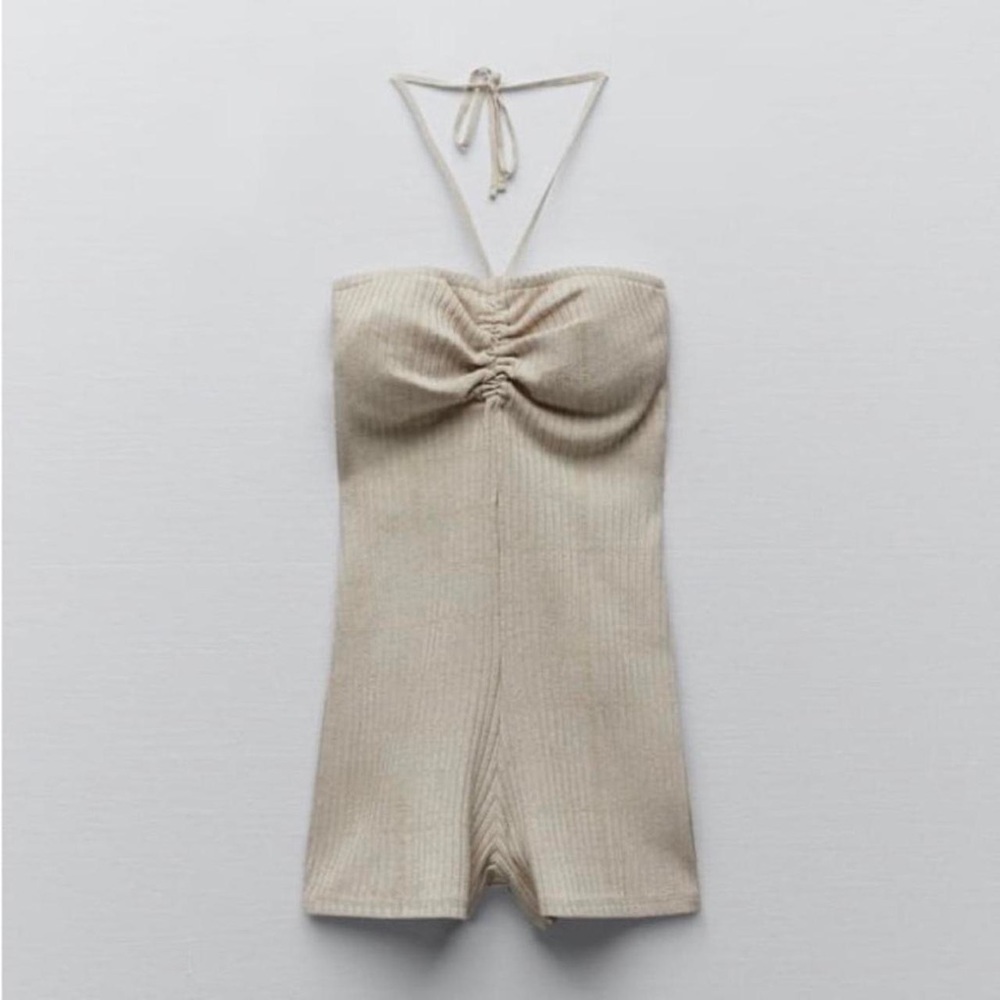 ZARA BEIGE HALTER RIBBED ROMPER